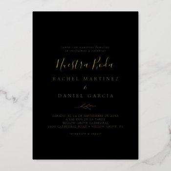 minimal leaf gold foil black spanish nuestra boda foil invitation