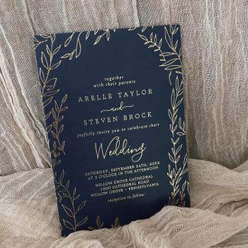 minimal leaf | gold foil navy blue frame wedding foil invitation