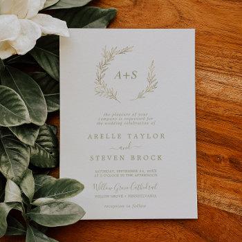 minimal leaf | gold formal monogram wedding invitation