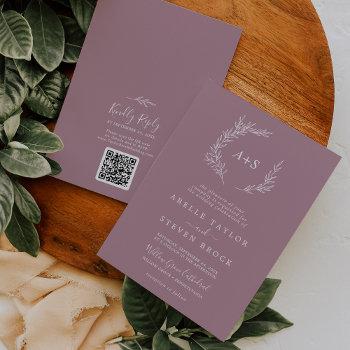 minimal leaf | mauve monogram qr code wedding invitation