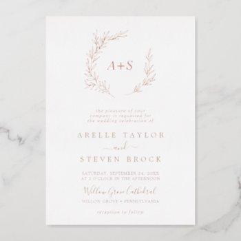 minimal leaf | rose gold foil monogram wedding foil invitation