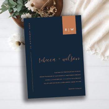 minimal modern navy blue rust typography wedding invitation