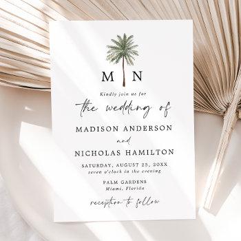 minimal palm tree monogram wedding invitation