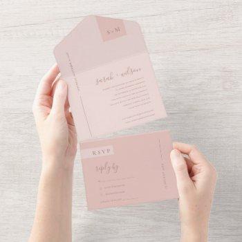 minimal soft pastel blush dusky pink wedding all in one invitation