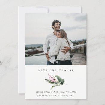 minimal tropical leafy pink floral photo wedding thank you card