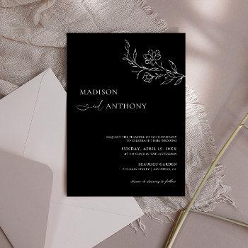 minimalist black floral line art wedding  invitation