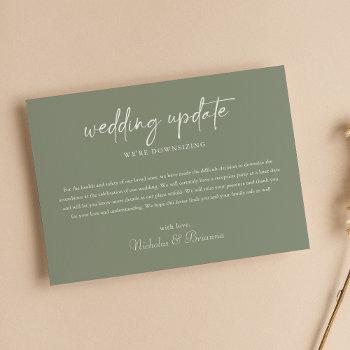 minimalist boho sage green wedding update downsize announcement