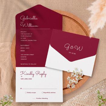 minimalist burgundy script monogram wedding all in one invitation