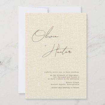 minimalist cream faux linen wedding invitation