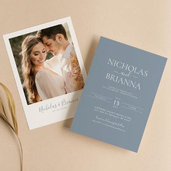 minimalist dusty blue modern classic wedding photo invitation