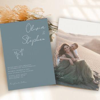 minimalist dusty blue romantic photo wedding  invitation