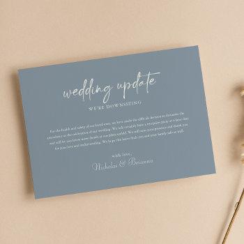 minimalist dusty blue wedding update downsize announcement