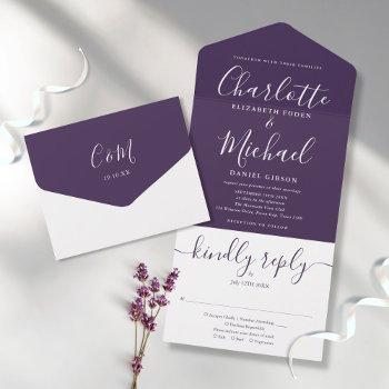 minimalist elegant purple script wedding all in one invitation