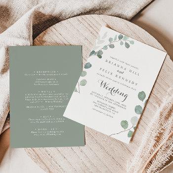 minimalist green eucalyptus front & back wedding invitation