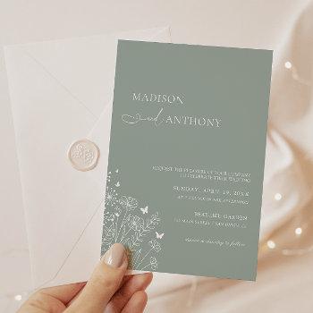 minimalist light sage green wildflower wedding invitation