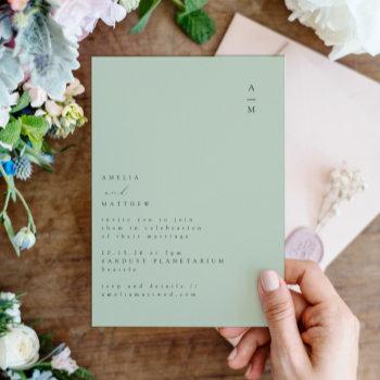 minimalist monogram trendy chic pistachio wedding invitation