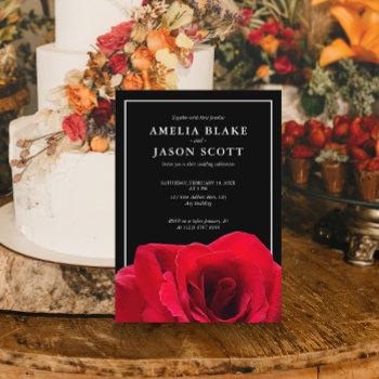 minimalist red rose on black wedding invitation