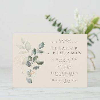 minimalist rustic gold greenery botanical wedding invitation
