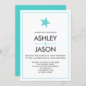 minimalist starfish beach wedding invitation, aqua invitation