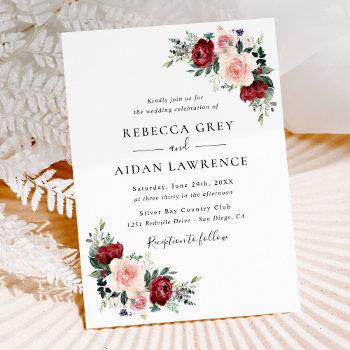 minimalistic rustic burgundy blush floral wedding  invitation