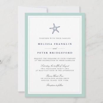 mint and navy starfish nautical wedding invitation