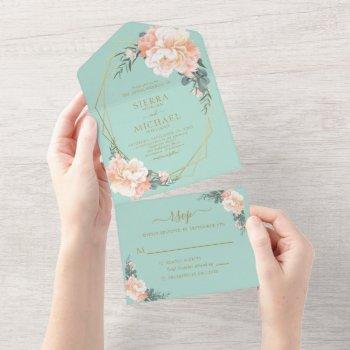 mint green chic blush gold peach floral wedding all in one invitation