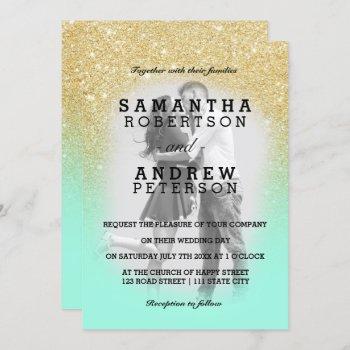 Small Mint Green Gold Glitter Ombre Photo Wedding Front View