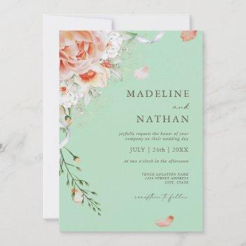 mint green & peach floral wedding invitation