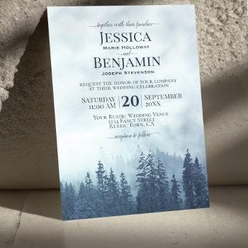 misty blue pine forest rustic outdoors wedding invitation