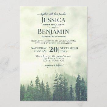 misty green pine forest rustic outdoors wedding invitation