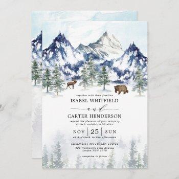 misty mountain watercolor winter forest wedding invitation