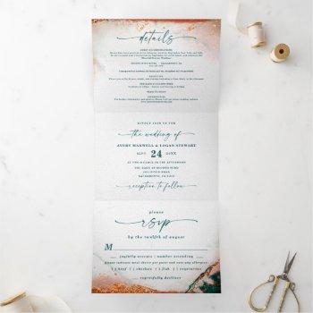 modern abstract dark teal & copper fall wedding tri-fold invitation
