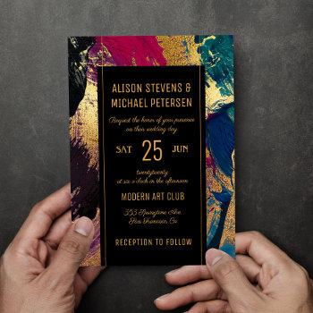 modern abstract painting gold black red wedding invitation