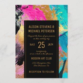 Small Modern Abstract Painting Gold Script Dark Wedding Front View