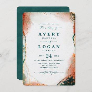 modern abstract teal copper & gold fall wedding invitation