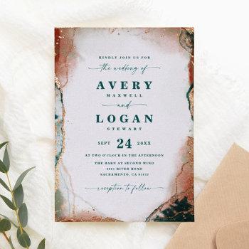 modern abstract teal real rose gold wedding foil invitation