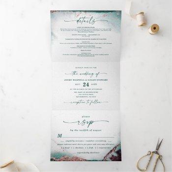 Small Modern Abstract Watercolor Emerald Green Wedding Tri-fold Front View