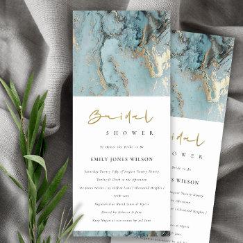 modern aqua dusky blue gold agate bridal shower invitation