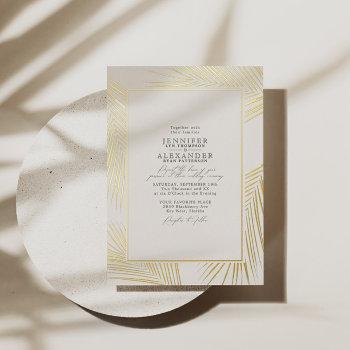 modern beach palm wedding ivory gold foil invitation