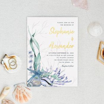 modern beach watercolor blue shells wedding gold foil invitation