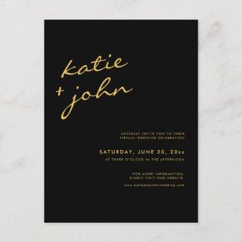 modern black and gold calligraphy virtual wedding  invitation postcard