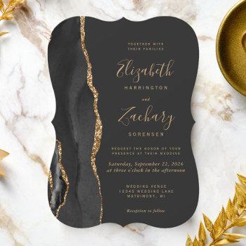 modern black gold agate dark bracket wedding invitation