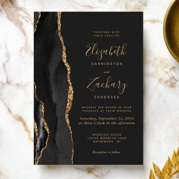modern black gold agate dark wedding invitation