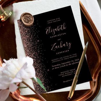 modern black rose gold faux glitter edge wedding invitation