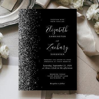 modern black silver faux glitter edge wedding invitation