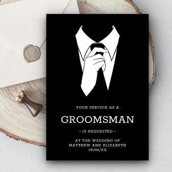 modern black tuxedo groomsman request invitation