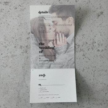 modern black typography faded photo wedding tri-fold invitation
