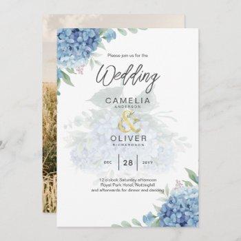 modern blue hydrangea photo wedding invitation