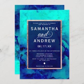 modern blue turquoise watercolor rose gold wedding invitation