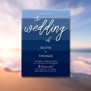 Small Modern Blue Wave Stripes Calligraphy Beach Wedding Front View